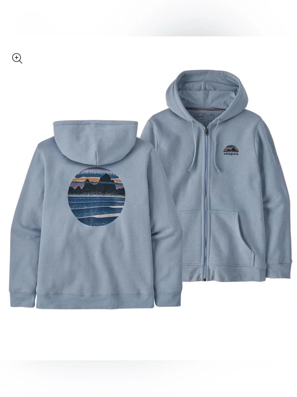 Patagonia Skyline Stencil Uprisal Light Blue Zip Up Fleece Lined Hooded Jacket